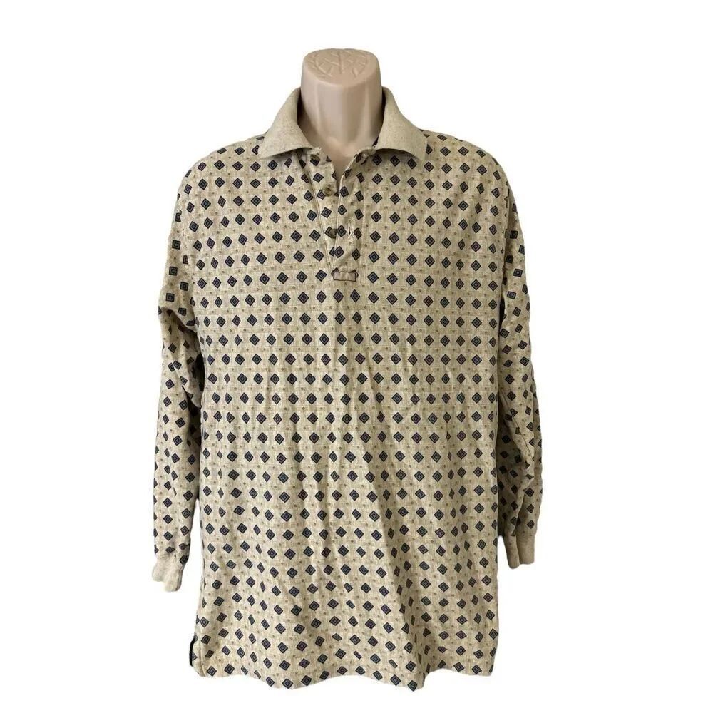 Chaps Ralph Lauren VTG Y2k Polo Shirt Mens Medium Geometric Long Sleeve
